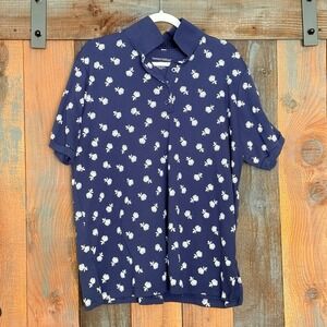 Woman Within Navy Blue Short Sleeve Polo Shirt Roses All Over Print Size L 18/20